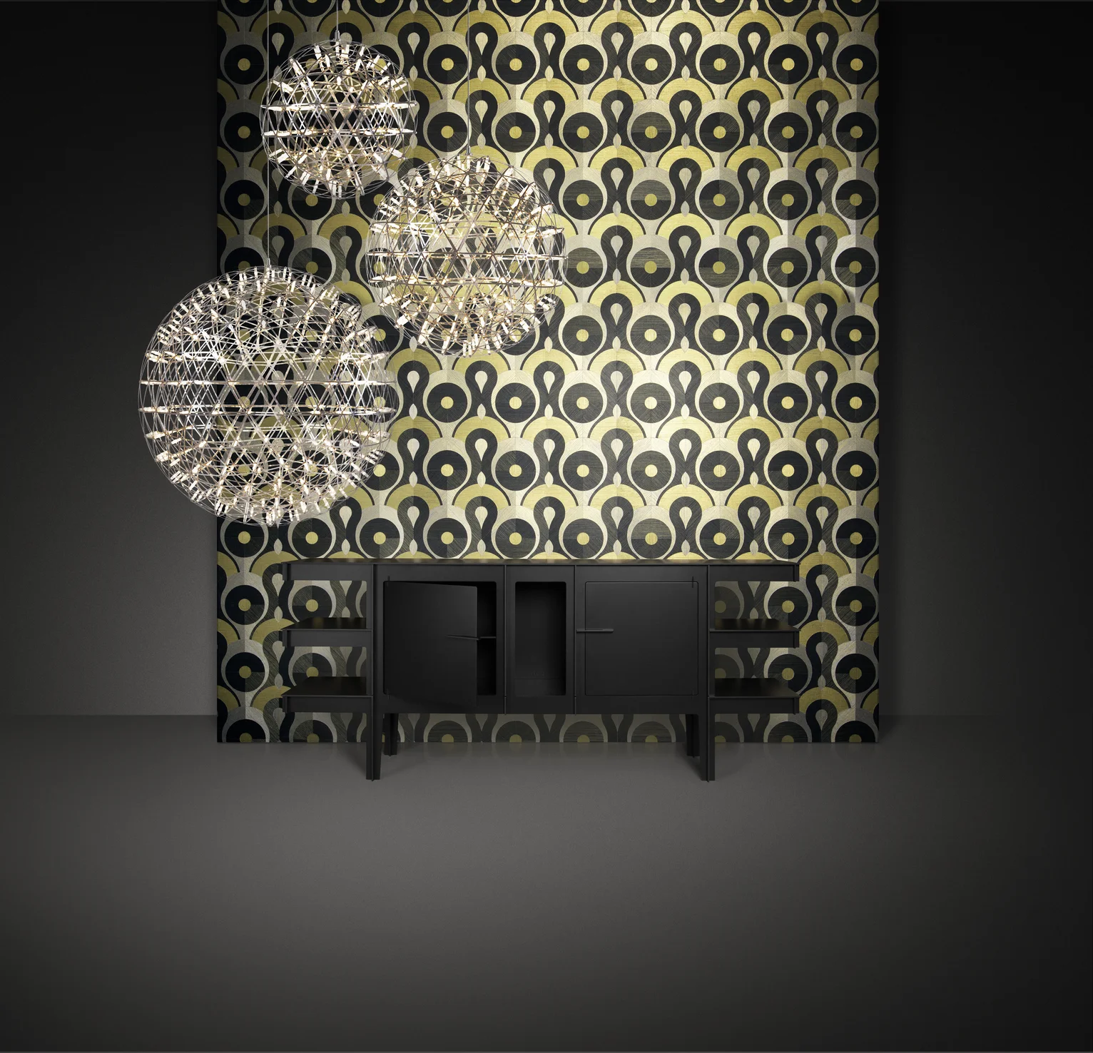 Poetic composition of Queen Cobra Wallcovering with No Screw No Glue Buffet and Raimond suspension light